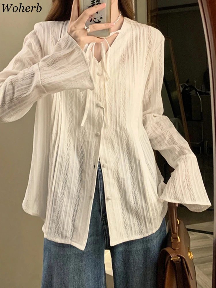 V Neck Bandage Blouses 2024 Women's Clothing Elegant Flare Sleeve Fashion Shirts Camisas De Mujer All Match Casual Korean Tops