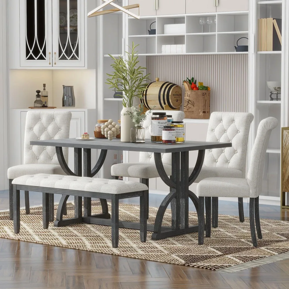 

6-Piece Retro Rectangular Dining Table Set, Table with Unique Legs and 4 Upholstered Chairs & 1 Bench, Dining Room Sets