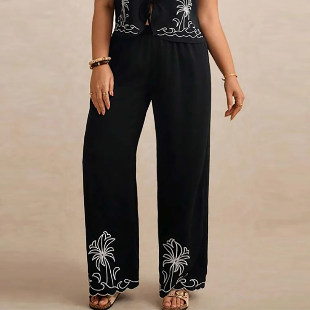 Plus Size Casual Coconut Tree Print Women Long Pants 2-Piece Set Lace Up Cardigan Sexy V-Neck Sleeveless Vacation Holiday Sets