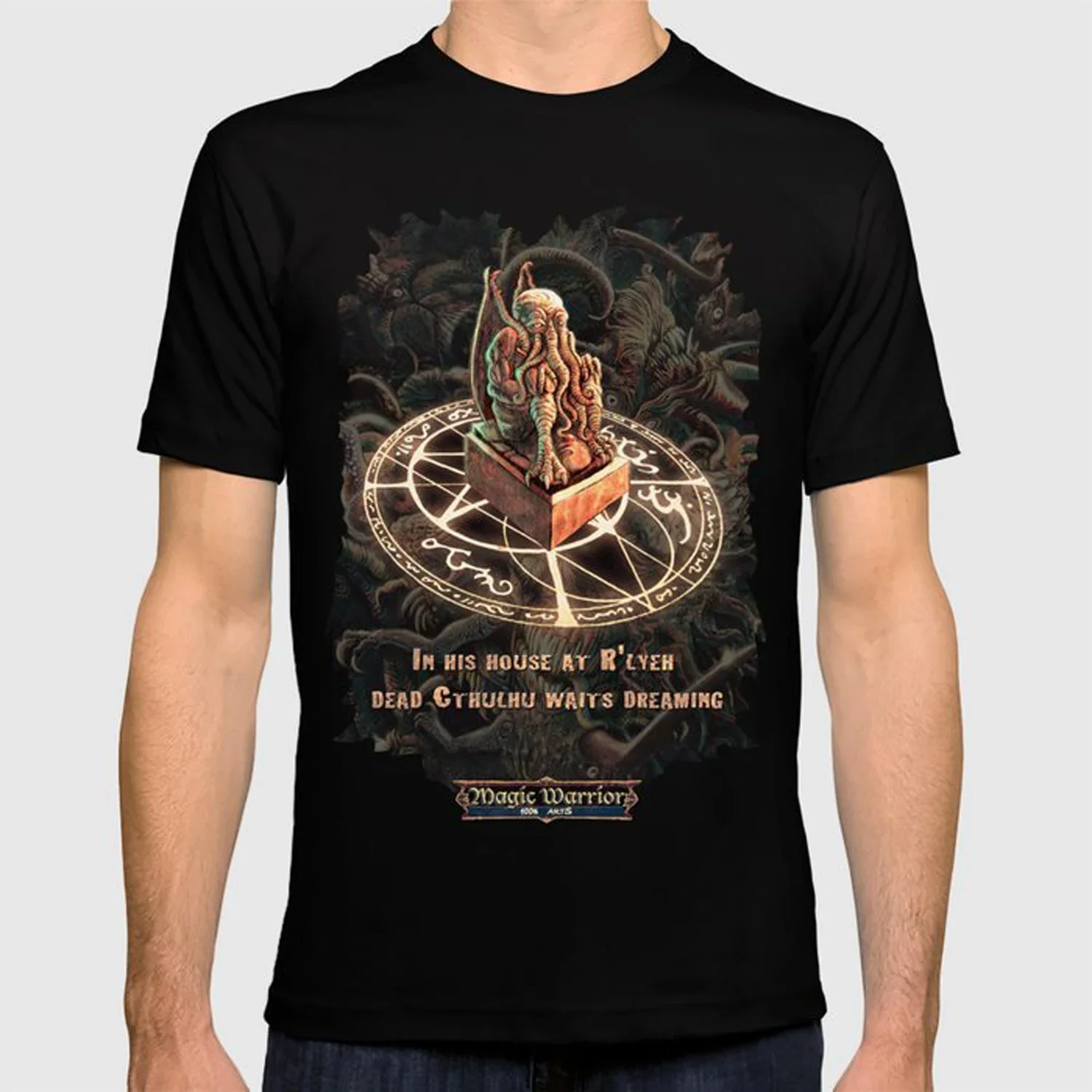 

Dead Cthulhu Waits Dreaming Creative Design Magic Warriors T-Shirt 100% Cotton O-Neck Short Sleeve Summer Casual Mens T-shirt