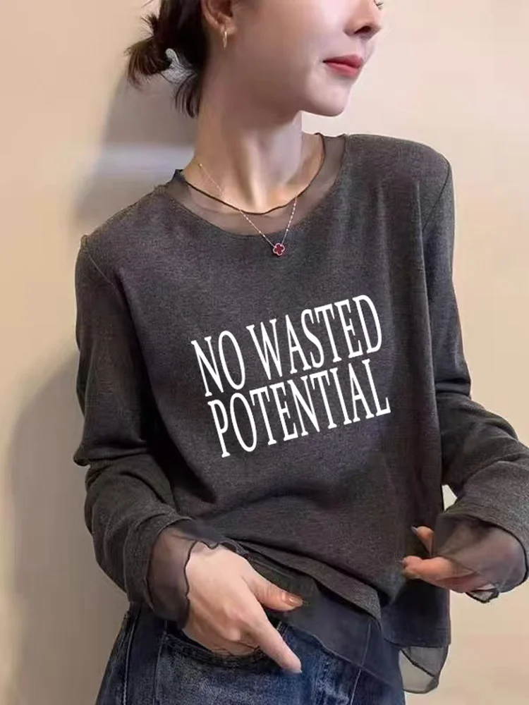 Fashionable Long Sleeve T-Shirt Women's Mesh Lace under Shirt Korean Style Autumn Winter New Arrival Slimming Top Commute Style