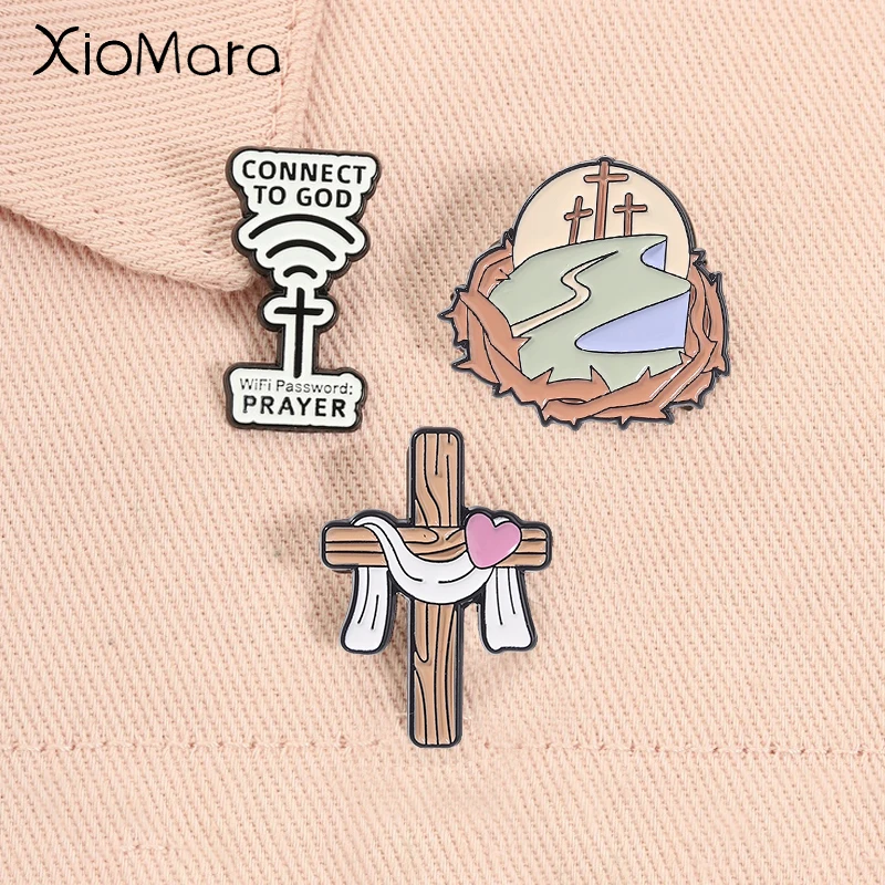 Connect To God Enamel Pins Wi-Fi Password Is Prayer Jesus Cross Christian Inspirational Brooches Lapel Badge Jewelry Gifts