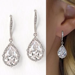 Huitan Sparkling Crystal Pear Cubic Zirconia Drop Earrings for Women High-quality Silver Color Fashion Luxury Earrings Jewelry