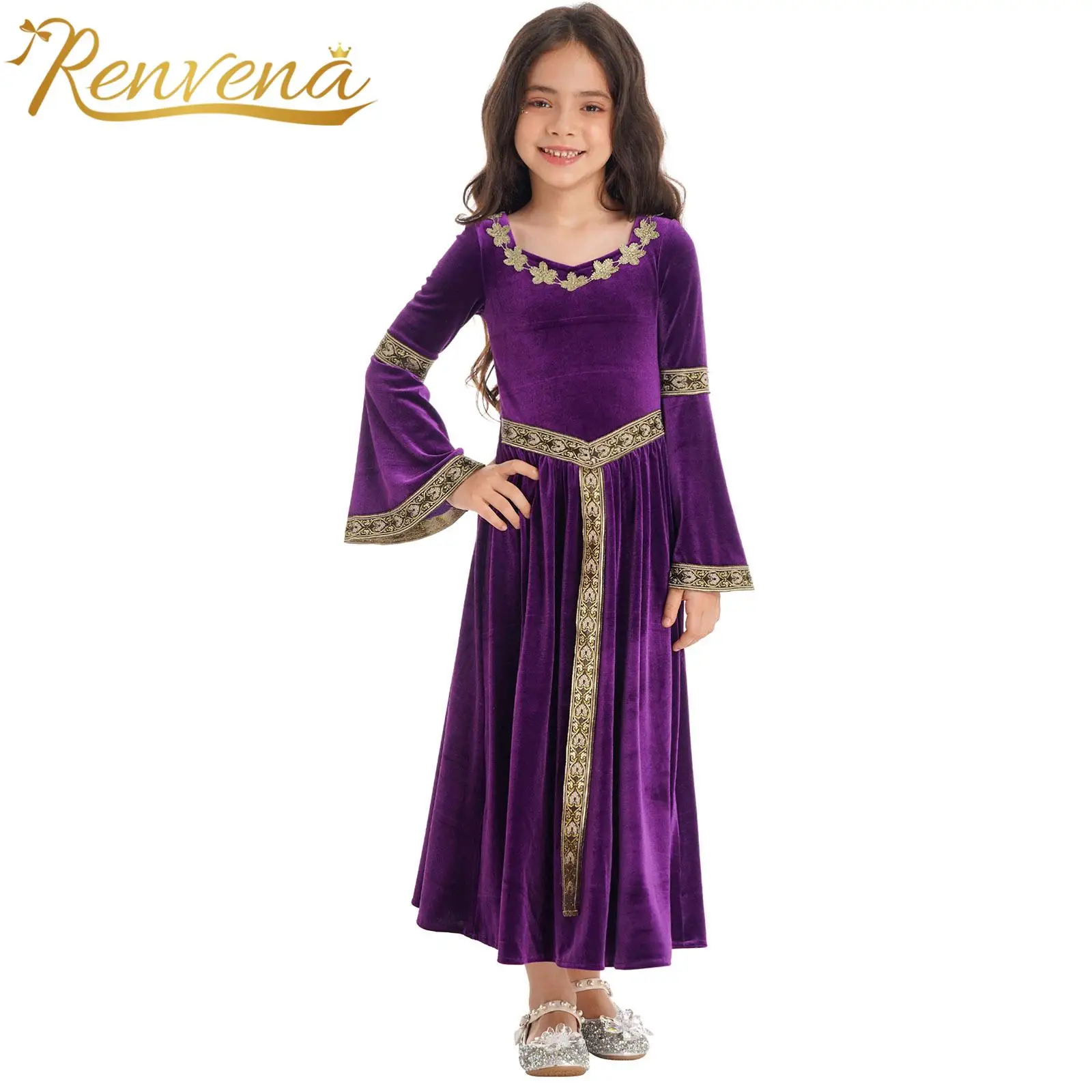 

Kids Girls Long Flare Sleeve Velvet Dress Cosplay Medieval Renaissance Princess Queen Costume Children Carnival Party Dress Up