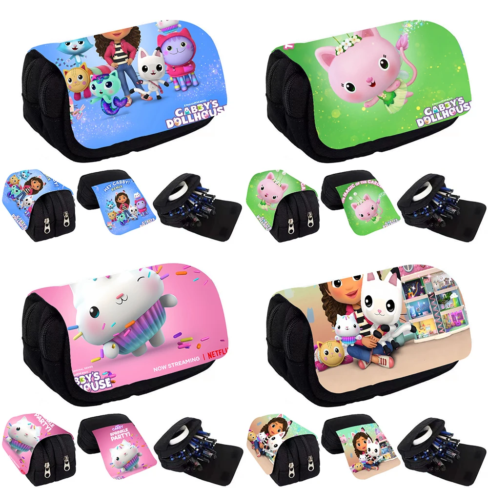 Gabbys Dollhouses Pencil Case Anime Double Layer High-capacity Zipper Stationery Box Storage Bag Pencil Case Kid Birthday Gifts