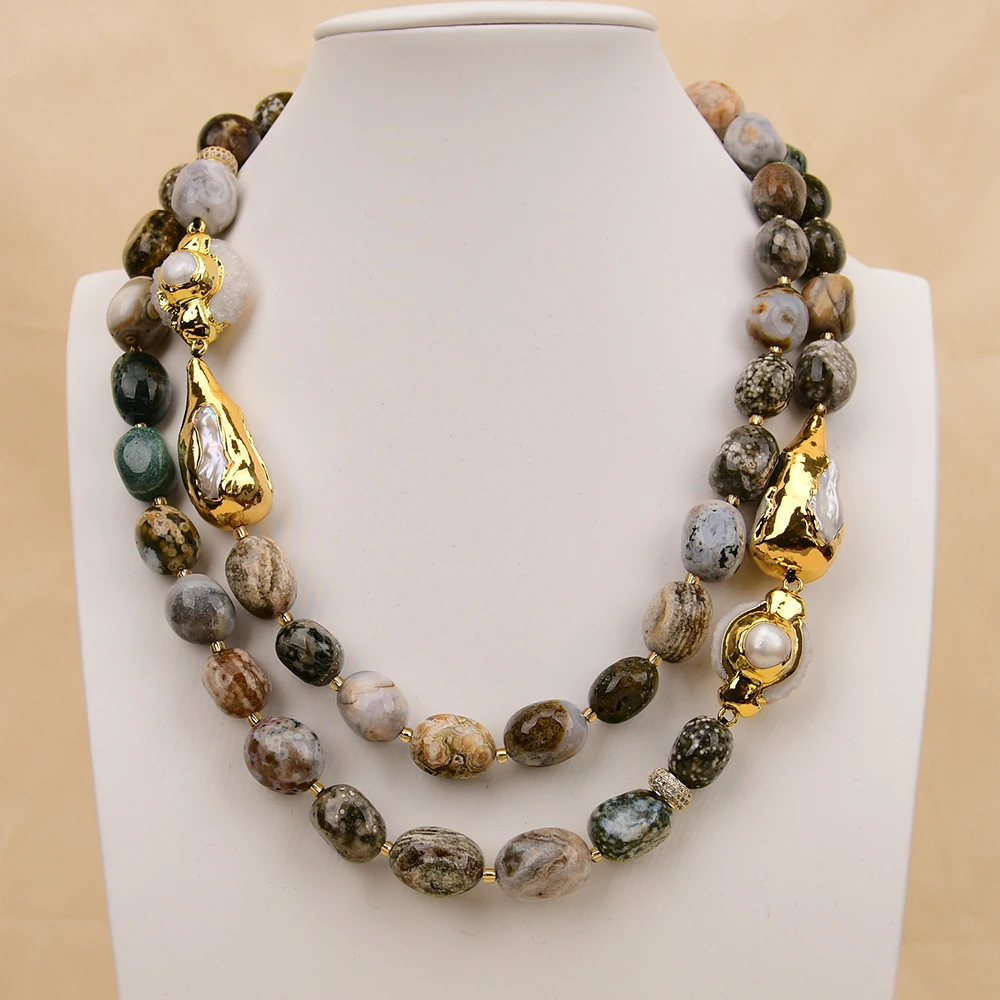 G-G 2 Rows Natural Ocean Agate Jasper White Biwa Pearl Quartz Druzy Necklace Handmade For Lady