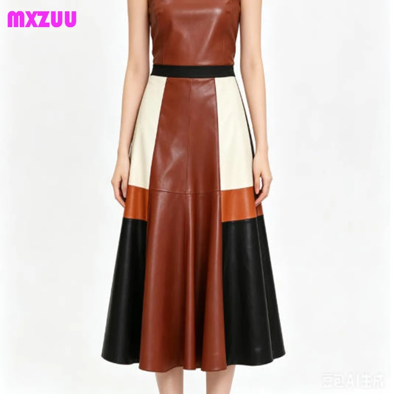Vintage Patchwork Genuine Leather Skirt Women Sheepskin High Waist Pocket Flowy Swing Long Skirts Autumn Winter Streetwear Party