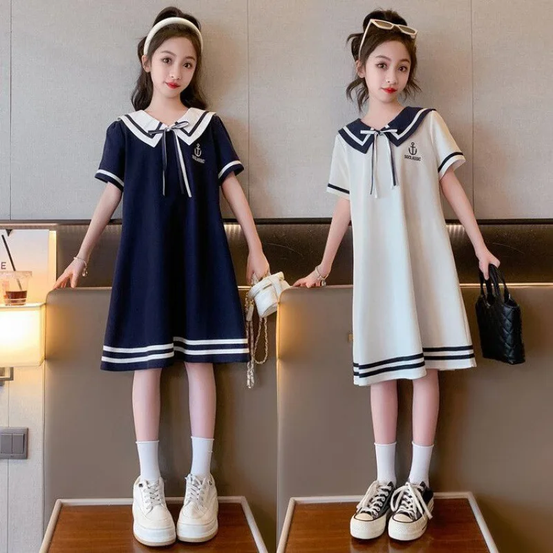 

2024 summer New retro Girls short princess Dress Cotton Sailor Collar Teens striped JK Patchwork Baby Clothes Toddler 4 12 year