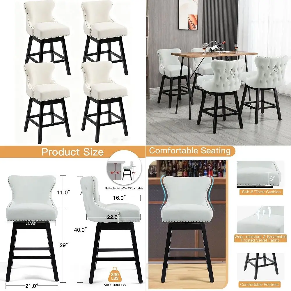

Swivel Bar Stools Set of 4, 29 Seat Height Kitchen Stools with Tufted Back amp Wood Legs, Velvet Upholstered Counter Stools wit