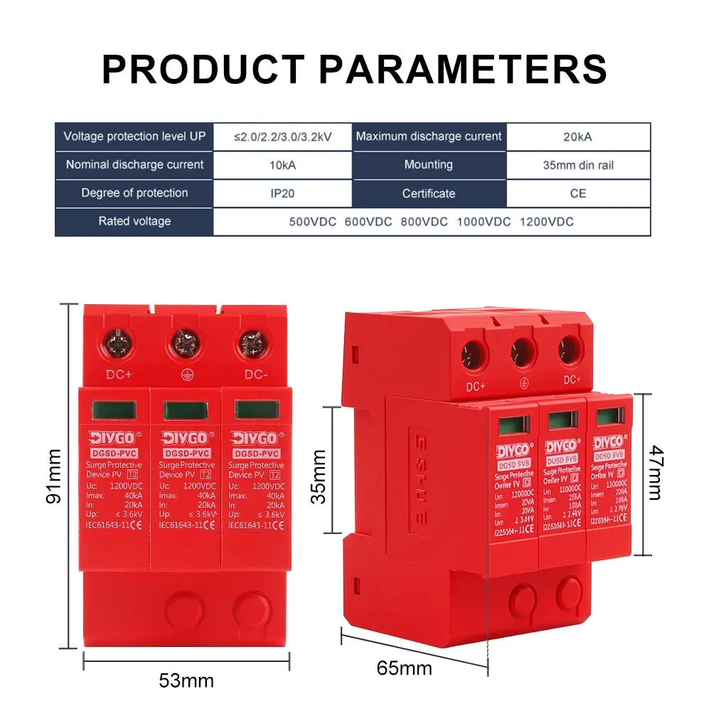 DIY GO 3P PV SPD DC 1000V 1200V 10kA~-20kA 20KA~40KA 40KA~60KA House Surge Protector Protective Low-voltage Arrester Device