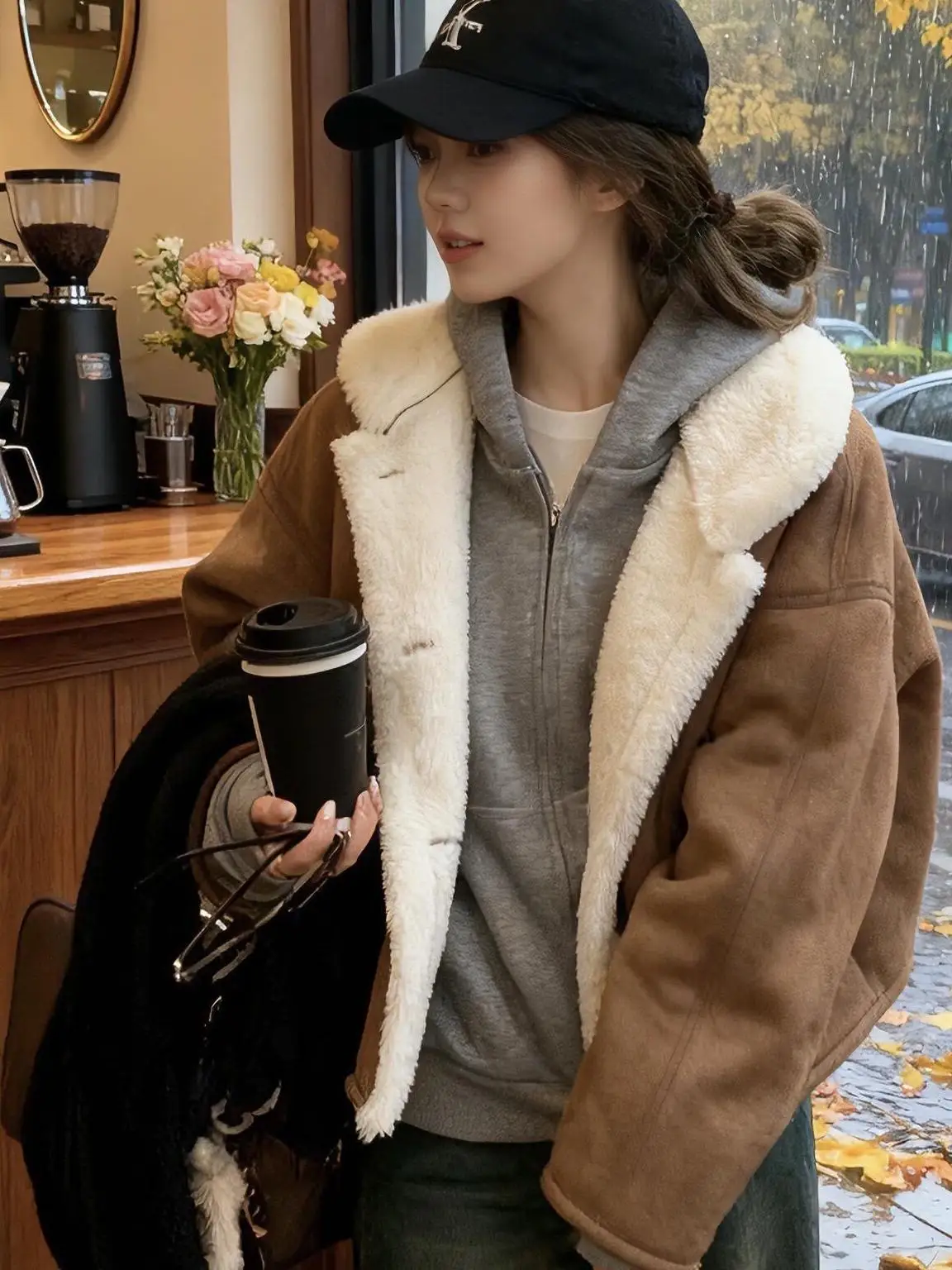 

Women's Biker Sle Spandex Suede Fur Jaet Thiened Winter Coat Long Sve Zipper Closure Hooded Color Casual Coat