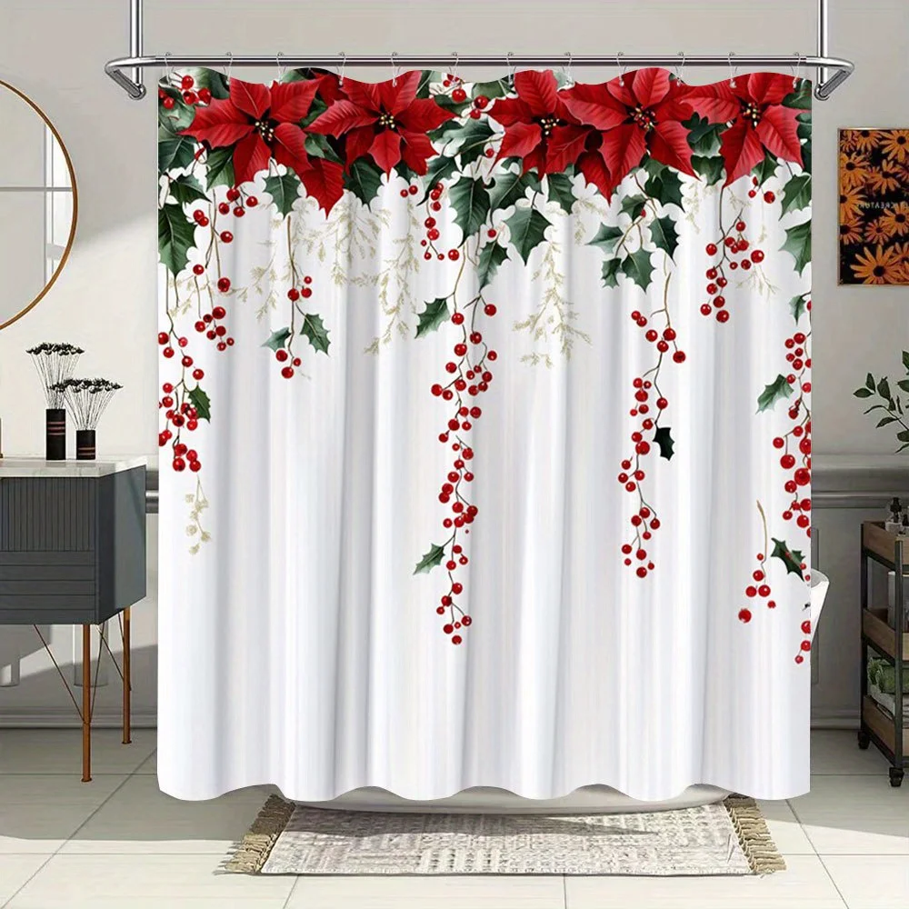 Christmas-Themed Shower Curtain Featuring Red Poinsettias And Holly Berries, Made of Polyester Fabric. It Includes 12 Hooks
