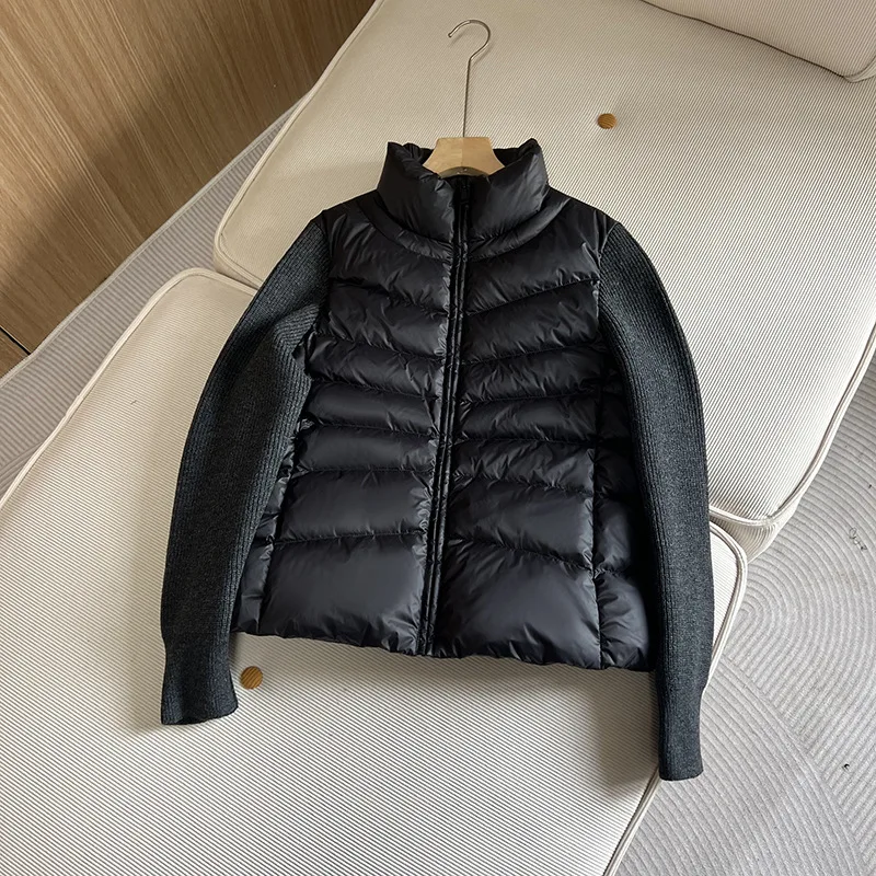 Piumino da donna europeo moda autunno e inverno Giacca dimagrante con giunture lavorate a maglia