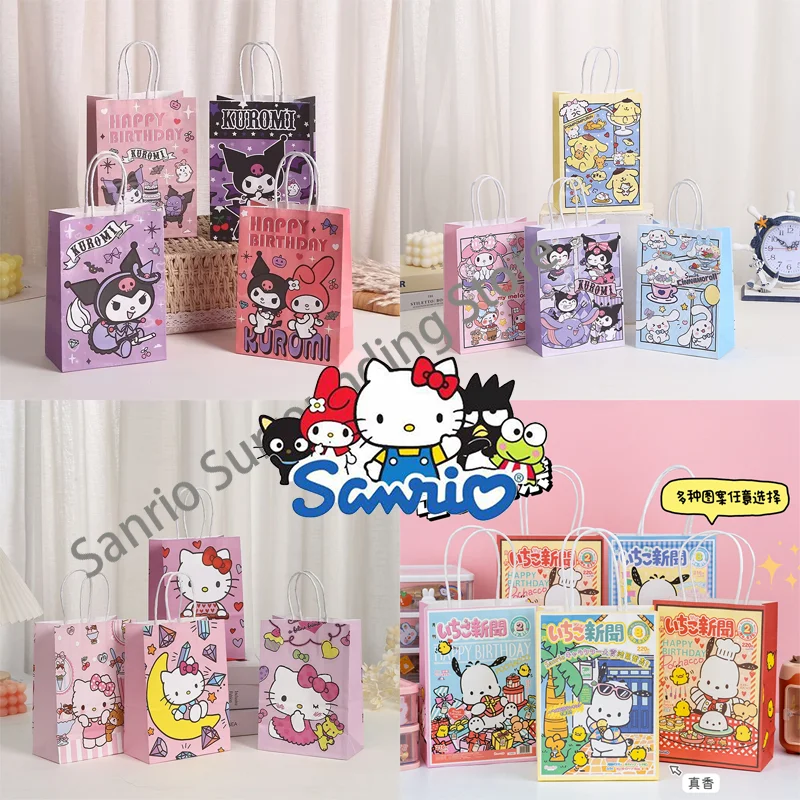 Sanrio Kawaii Hello Kitty Kuromi Cinnamoroll Kraft Paper Gift Bags Candy Cookie Box Package Handbag Birthday Party Supplies