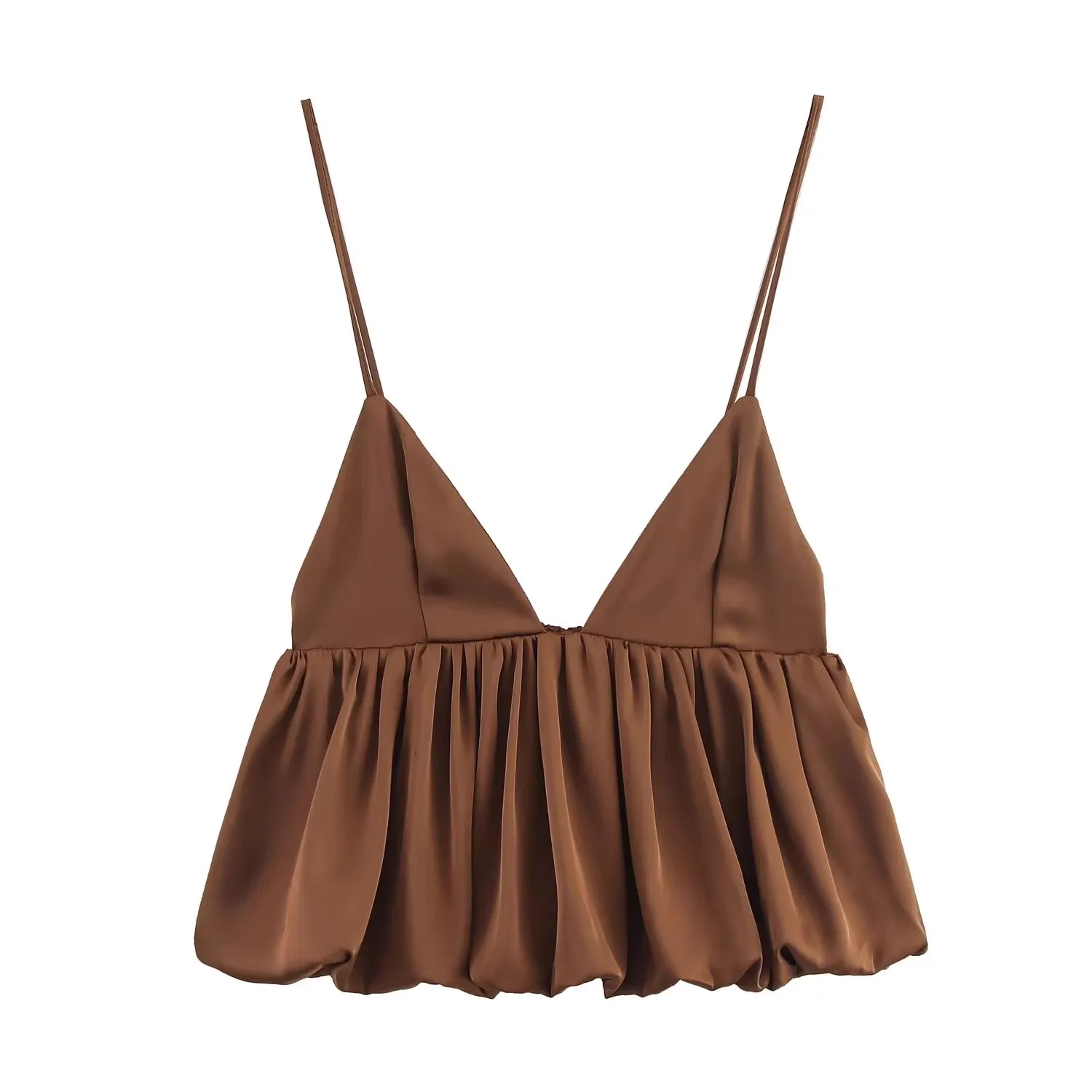 

Шелковая атласная текстура, весенний новый женский модный топ с пышными бретелями, свободный крой и длина...