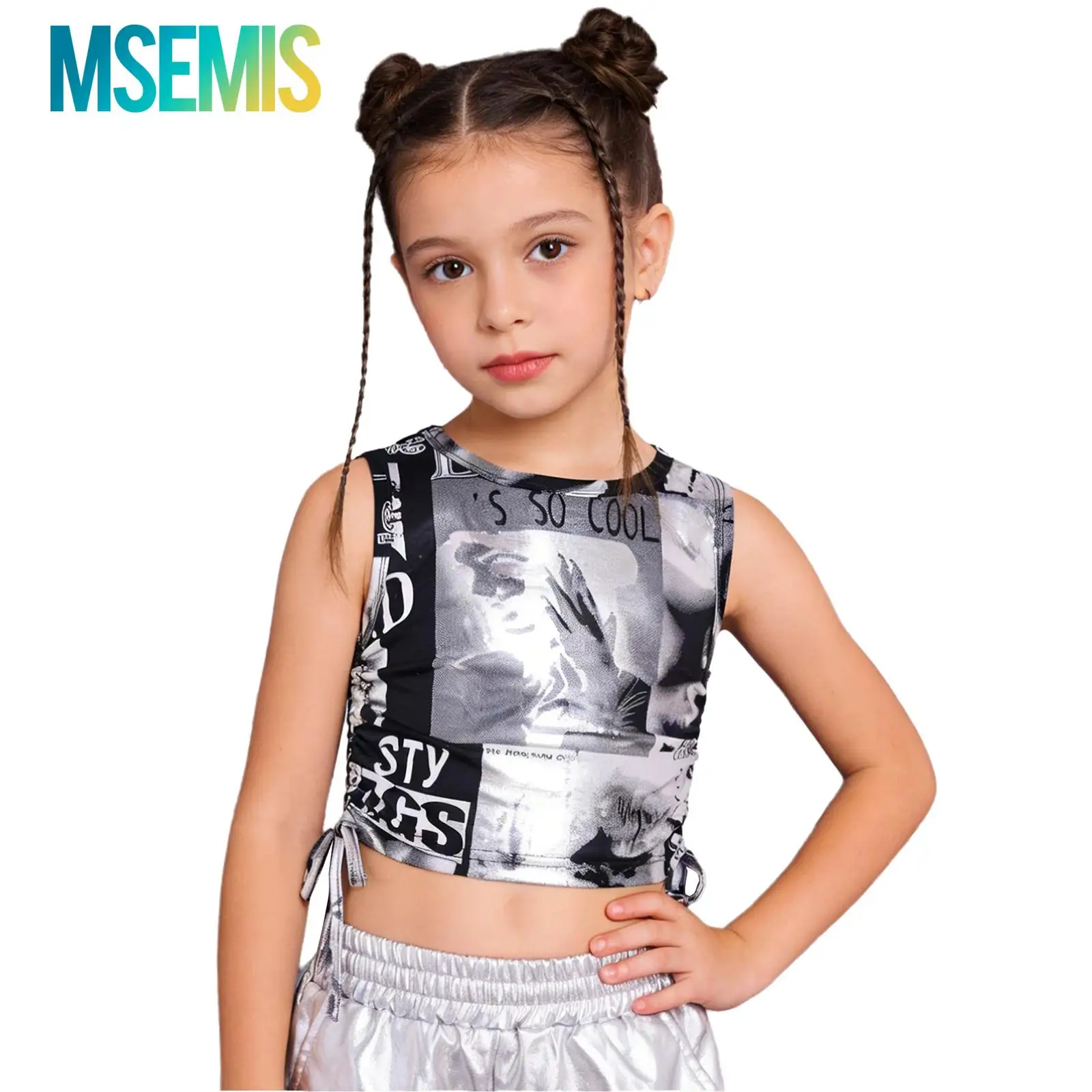 Kids Girls Hip Hop Jazz Dance Performance Costume Round Neck Printed Side Drawstring Crop Top Sequins Tassels Vest Tops