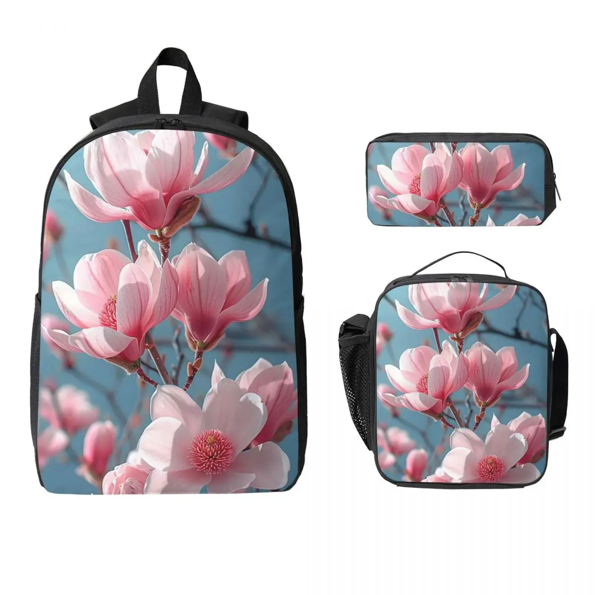 Blooming Pink Magnolias Backpack Student BookBag School Bag Laptop Shoulder Bags 3ps Insulated Lunch Bag Pencil Case