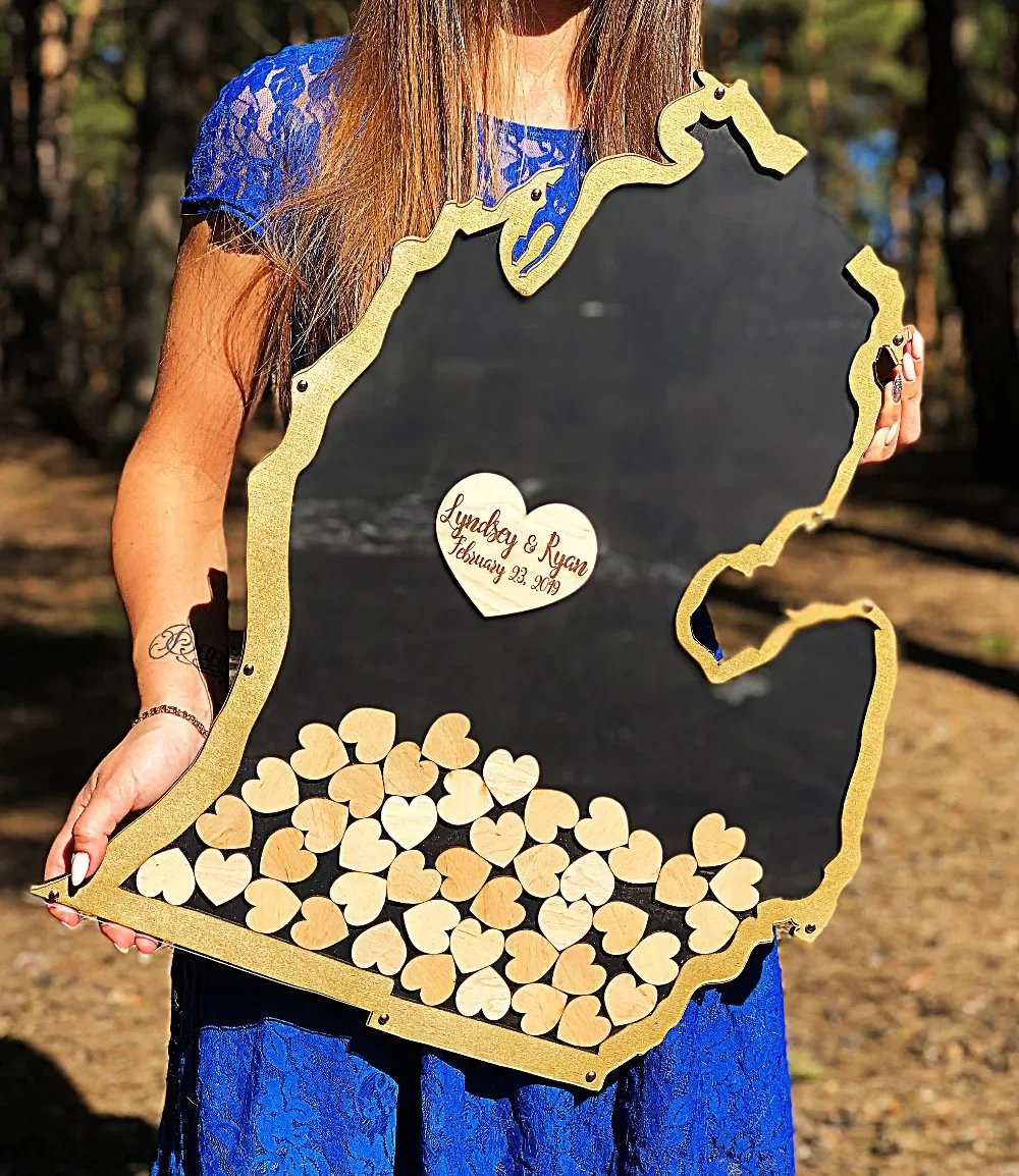 

Wooden Wedding Michigan Shape Guest Book, Elegant Drop Box, Drop box with Hearts , Guest Book Alternative, wedding Guest Book.
