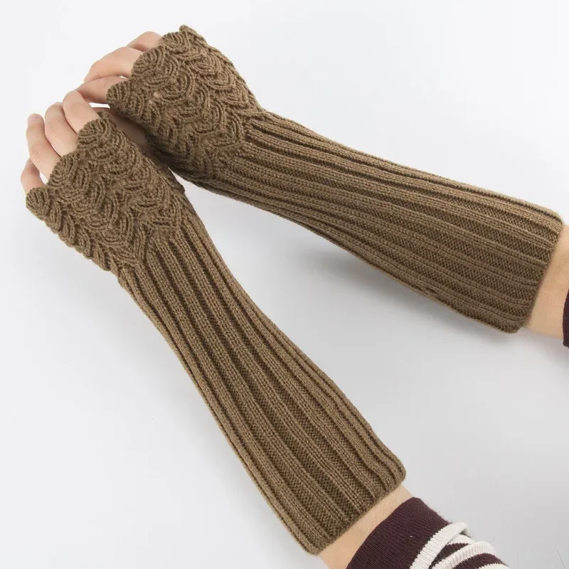 Fish Scale Print Knitted Fingerless Gloves Unisex Medium Long Wool Sleeve Thermal Warm Gloves for Autumn & Winter Wear
