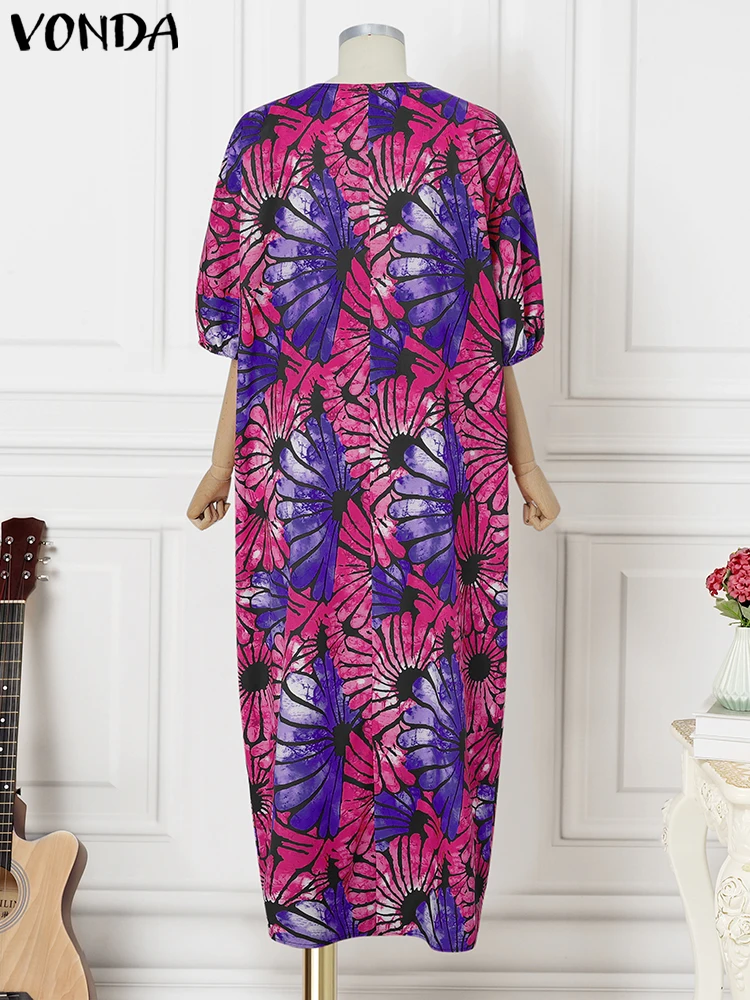 VONDA Plus Size Abito lungo bohémien da donna Abiti lunghi estivi Abito estivo da spiaggia stampato vintage Abito da festa con maniche a lanterna casual