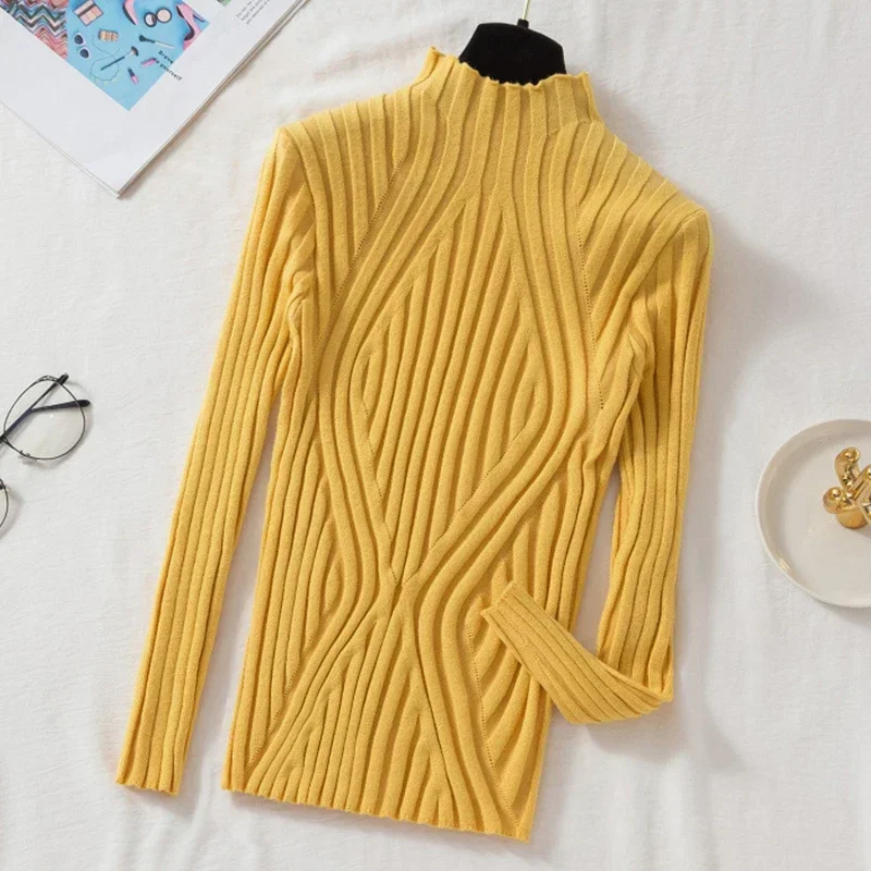 Autumn Winter Long Sleeve Knitted Sweater Half Turtleneck Women Sweater Vintage Basic Knitwear Tops Casual Slim Pullover Jumpers