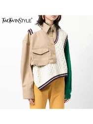 TWOTWINSTYLE Colorblock Patchwork Knitting Coats For Women Lapel Long Sleeve Irregular Vintage Coats Female Fashion Style New