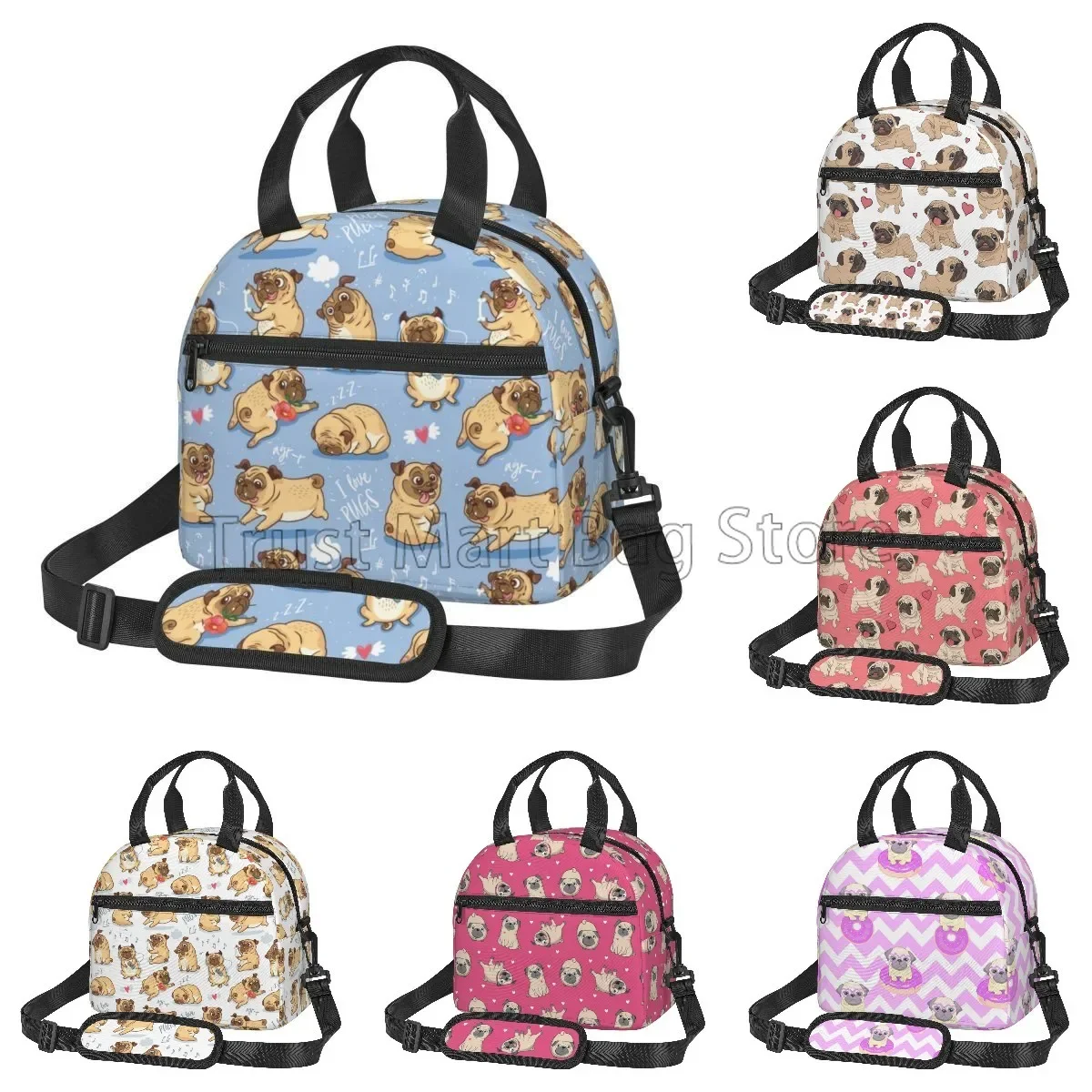 Cute Pug Dog Insulated Lunch Bag for Women Kids Thermal Lunch Box Portable Cooler Tote Bags for School Work Picnic Beach Travel