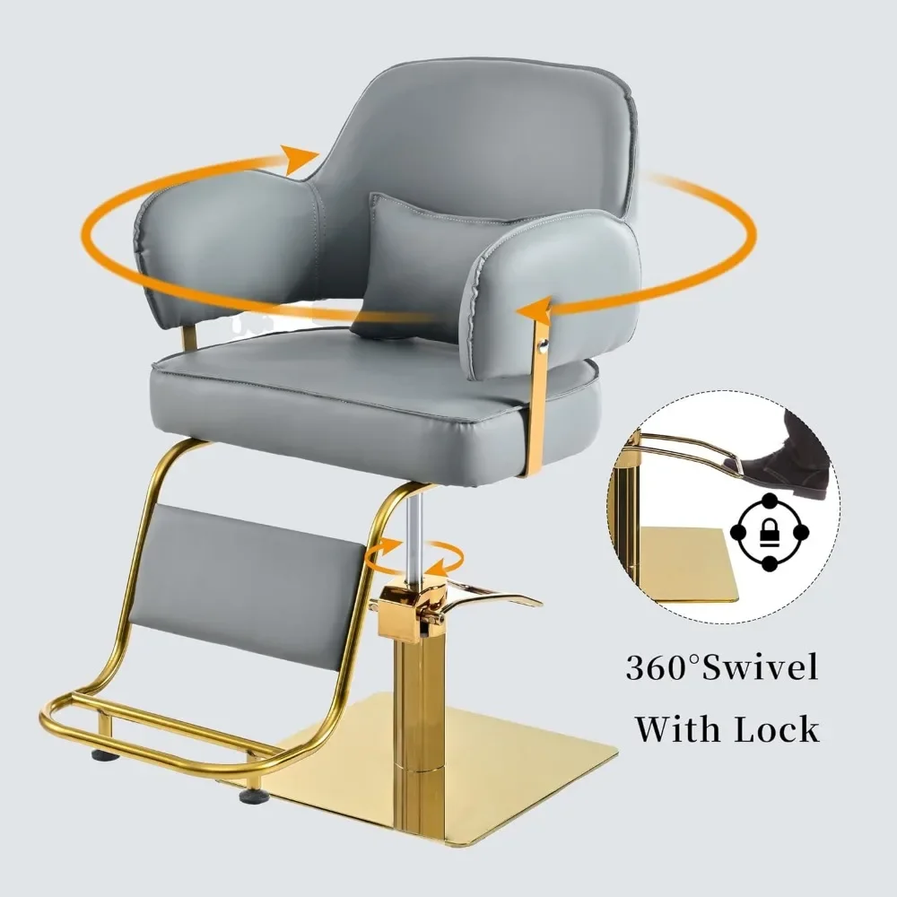 Golden Gray Recliner Chair for Beauty Salon High Density Sponge Padding Extended Footrest Professional Barber Chair Swivel Stool