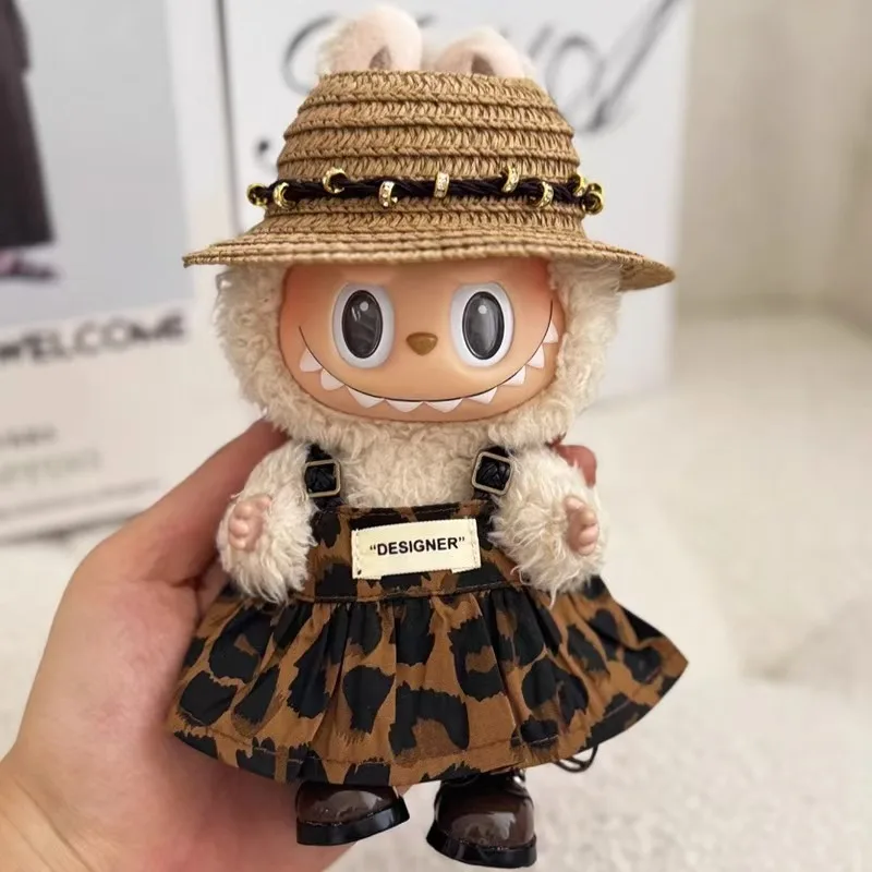 Roupas de boneca para 15/17cm labubu i ii iii mini boneca ídolo de pelúcia estampa de leopardo saia chapéu de palha sapatos acessórios de decoração presente