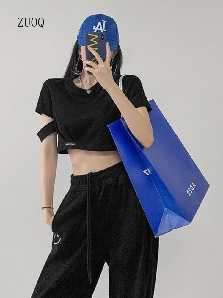 New 2025 Harajuke Crop Tops T-shirt Women Summer High Waist Fashion Girl Solid Cut Out Short Sleeve Tees Woman