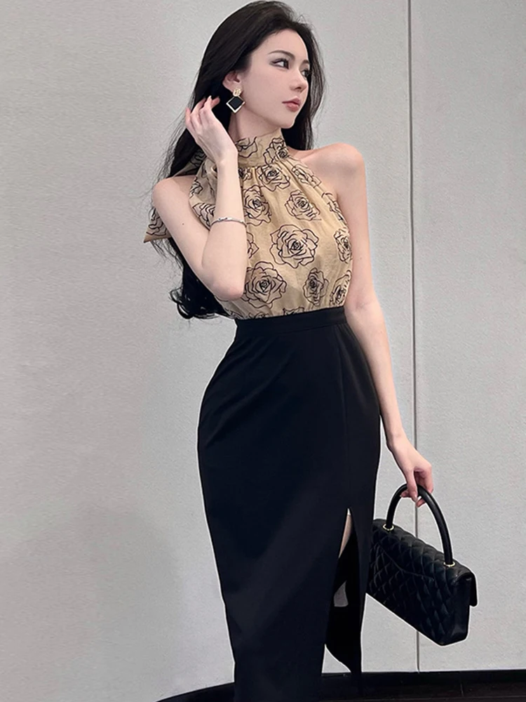 

Fashion Elegant Midi Dress Women Sexy khaki Black Halter Lace Up Bow High Waist Split Robe Femme Party Club Mujer Vestido Street