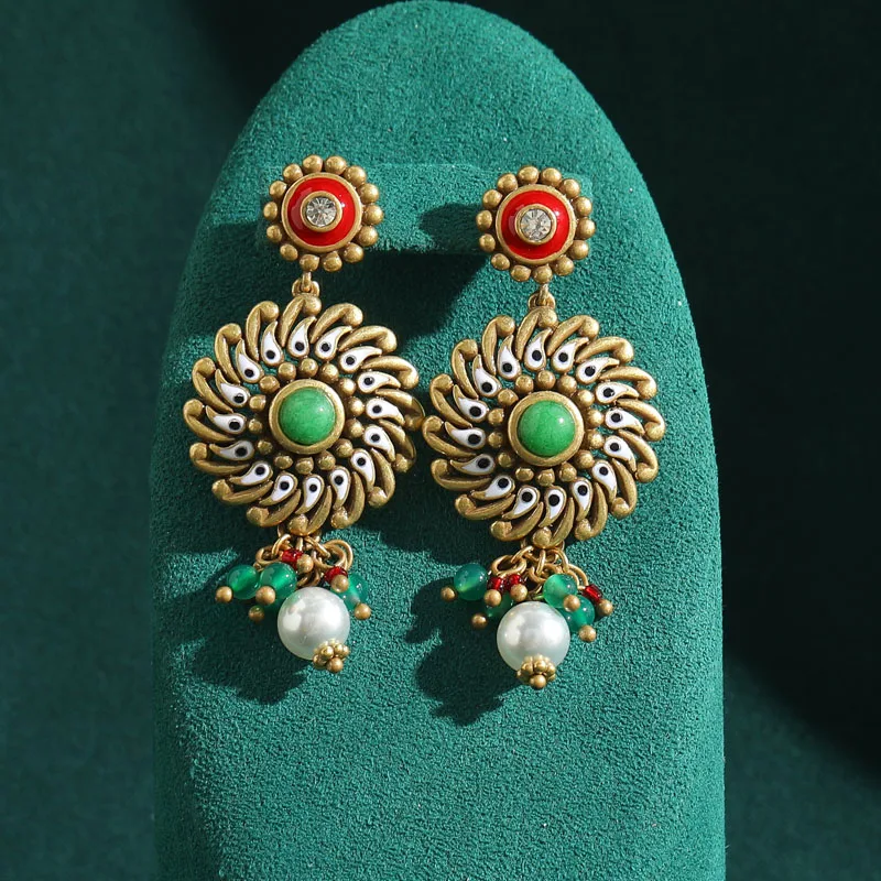 

Retro Vintage Peacock Whirlwind Eye Disc Pearl Green Beads Drop Earrings for Woman Antique Jewelry Wedding Accessories New 2025