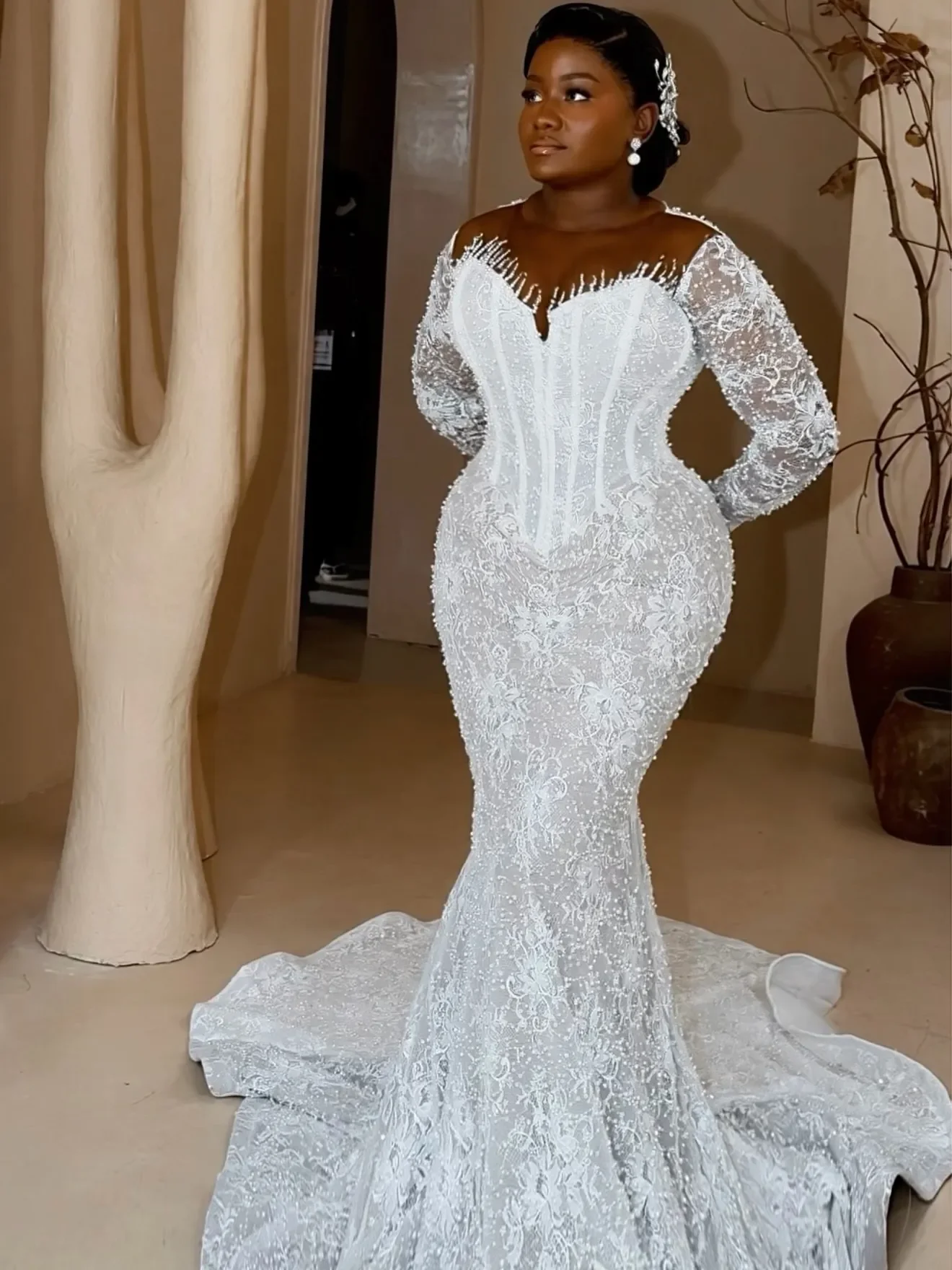 Customized African Sheer Neck Shinny Lace Pearls Mermaid Wedding Dress with Removable Skirt  Full Sleeves Charming  Bridal Gowns