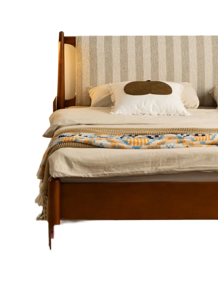Solid wood fabric bed French retro medium and ancient wind bed striped removable and washable soft bag 1.8m double bed thin