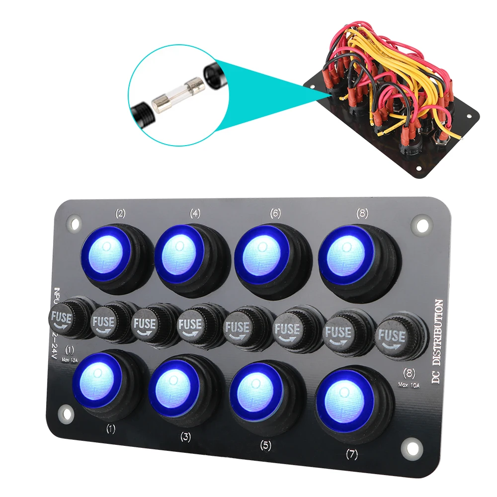 Circuit Breaker On/off Blue LED Light 8Gang Replaceable Fuse Holder 12~24V Button Rocker Toggle Switch Panel Waterproof