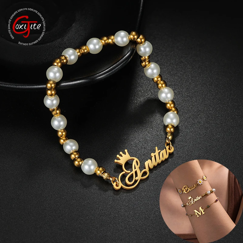 Goxijite Customized Name Daisy Flower Bracelet For Women Girls Stainless Steel Colorful Beads Handmade Bracelets Jewelry Gift