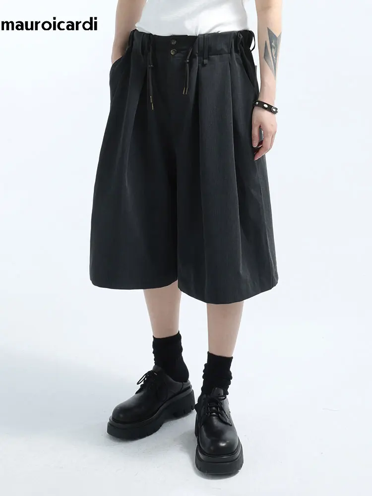 

Mauroicardi Spring Summer Baggy Casual Black Wide Leg Shorts for Men with Pleated Elastic Waist Drawstring Loose Luxury Clothes