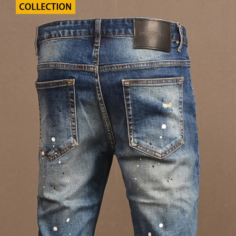 Street Fashion Designer Men Jeans Retro Blue Stretch Slim Fit Patched Ripped Jeans Men Y2K Painted Vintage Denim Pants Hombre