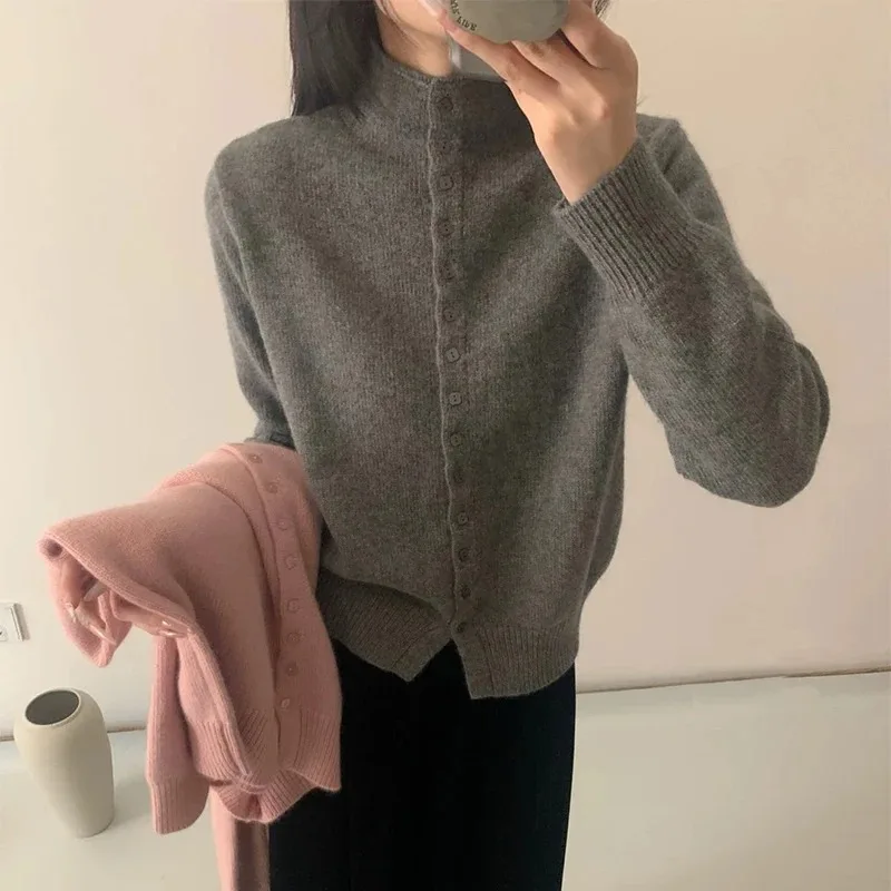 

Coat Autumn Solid Knitted Outerwear New Soft Comfortable Stand-Up Collar Sweater Cardigan Women Simple Single Breasted Cardigans