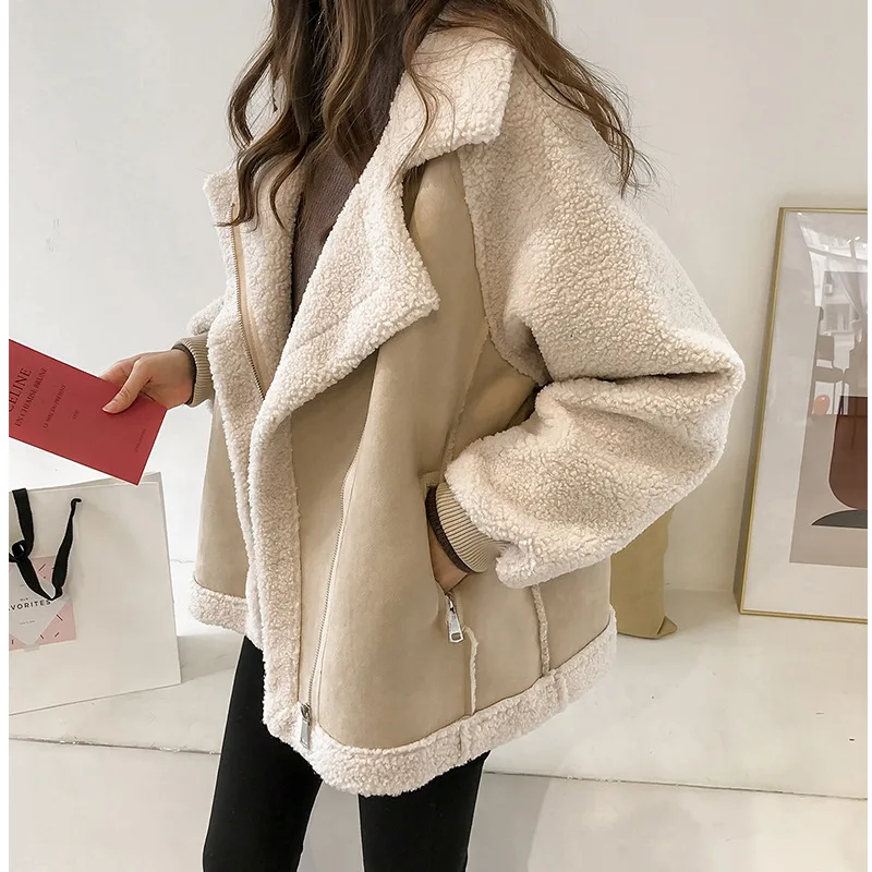 Autumn Winter 2024 New Loose Suede Spliced Jacket Women\'s Turn down collar Warm Coat Female Short Lamb Fleece Motorcycle Jackets