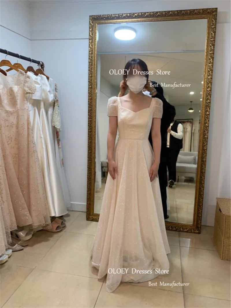 

OLOEY Sparkly Glitter A Line Wedding Dresses Korea Puff Short Sleeves Zipper/Corset Back Floor Length Bride Gowns Photo Shoot