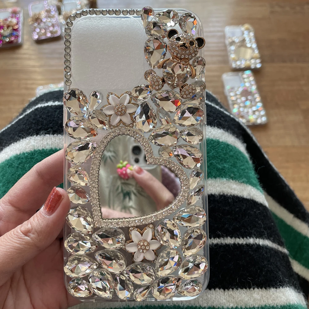 

Floral Phone Cover for iPhone 16 15 14 13 12 11 Pro Max XR XS Max With Makeup Mirror Case Bling Rhinestone Gem Cover for Women