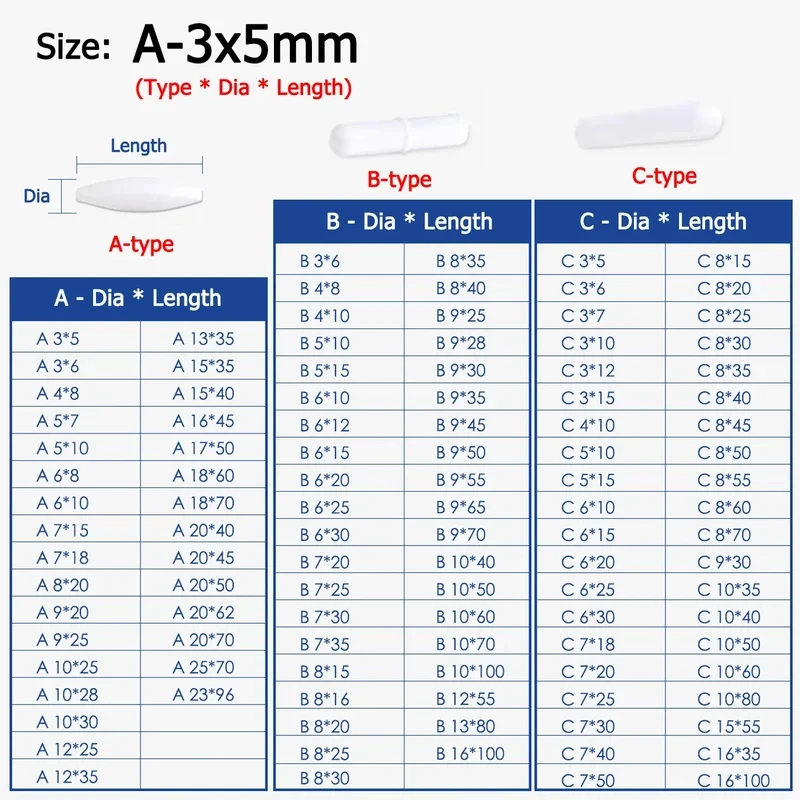 PTFE Magnetic Stir Bar, 3-25mm Dia 5-100mm Length Type A/B/C Lab Stirring Bar Biochemical Experiments