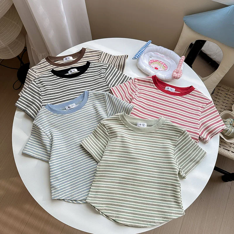 Children's Retro Striped Slim Fit Short Sleeved T-shirt Summer Cotton Round Neck Top Comfortable Kids Shirt