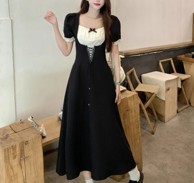 فستان نسائي صيفي كبير الحجم برقبة مربعة فرنسية مزين بالدانتيل فستان أسود عالي الخصر على شكل حرف a متعدد الاستخدامات لتخفيض العمر فساتين جامعية #4