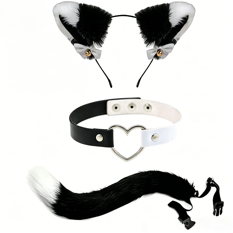 QQ Cat Cat Ear Bow Headband Necklace Claw Gloves Cosplay Plush Bell Women Girl Masquerade Party Black White Stripes Tail Socks - view 3