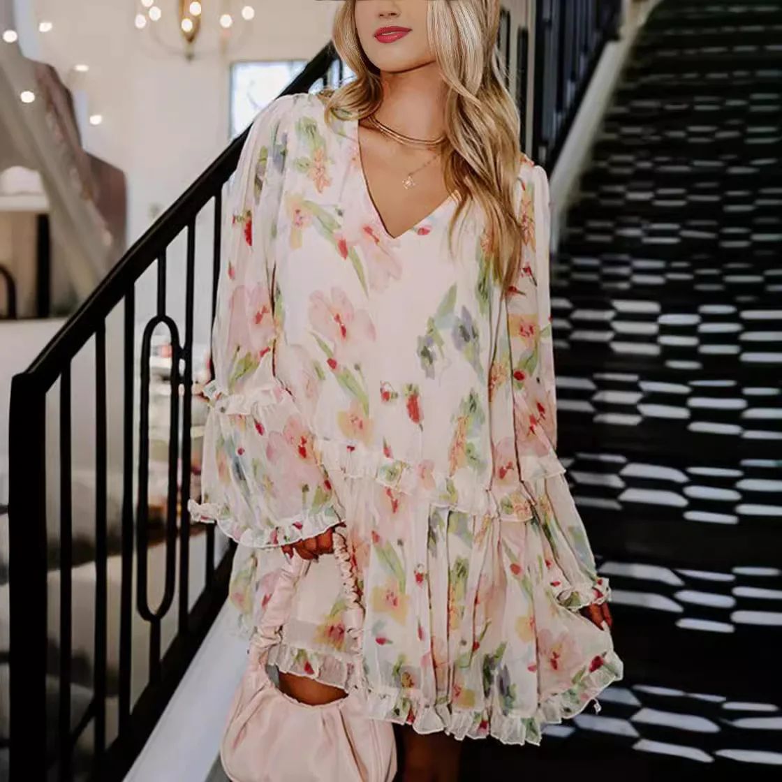 spring and summer new sweet fungus edge double-layer V-neck printing loose mini dress women