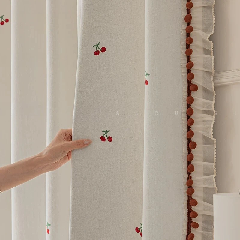 Creamy French Embroidery Cherry Lace Chenille Children's Room Curtains for Living Dining Room Bedroom Luxury Blackout Tulle Door