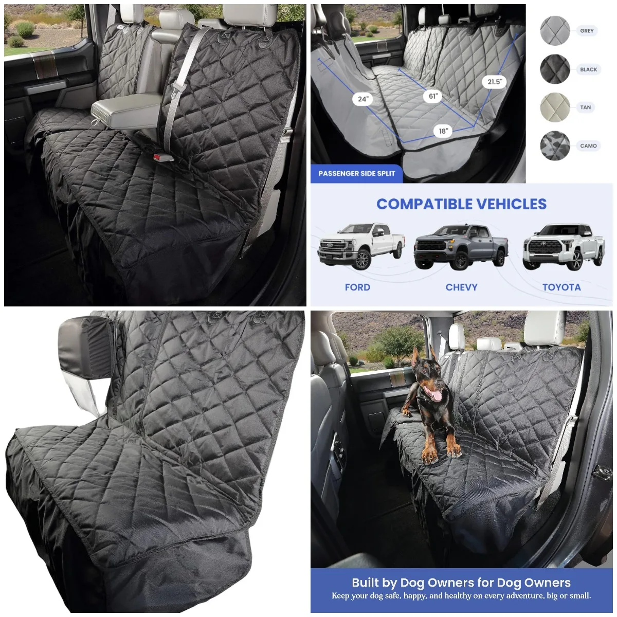 

Waterproof Dog Seat Cover for Trucks with Hammock, Fits Crew Cab Split Bench - Black