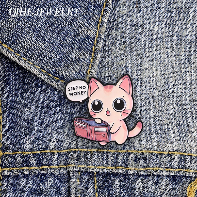 See No Money Cat Open Empty Wallet Enamel Pin Cute Humor Pink Orange Kitten No Money Metal Brooch Lapel Bag Badge Jewelry Gifts